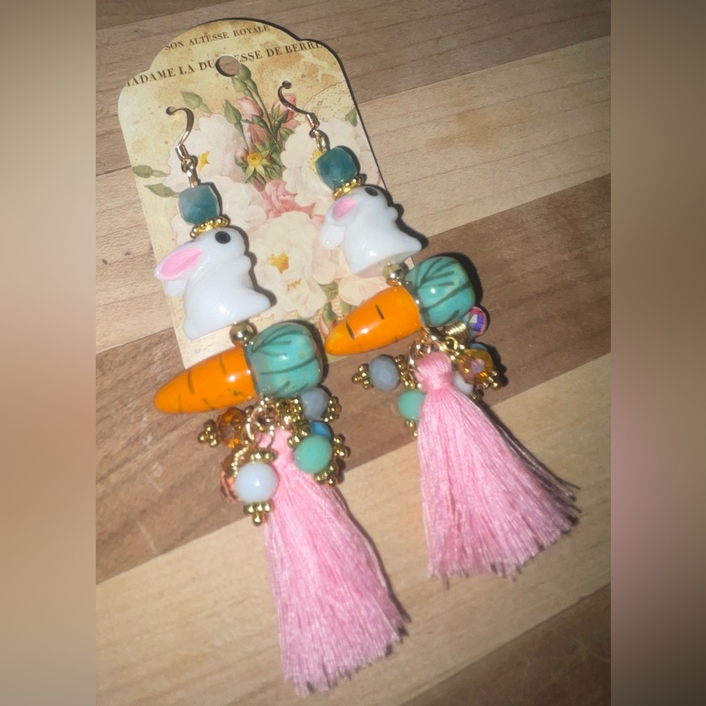 Pink and Orange Bunny Tassel Earrings - Picture 3 of 8